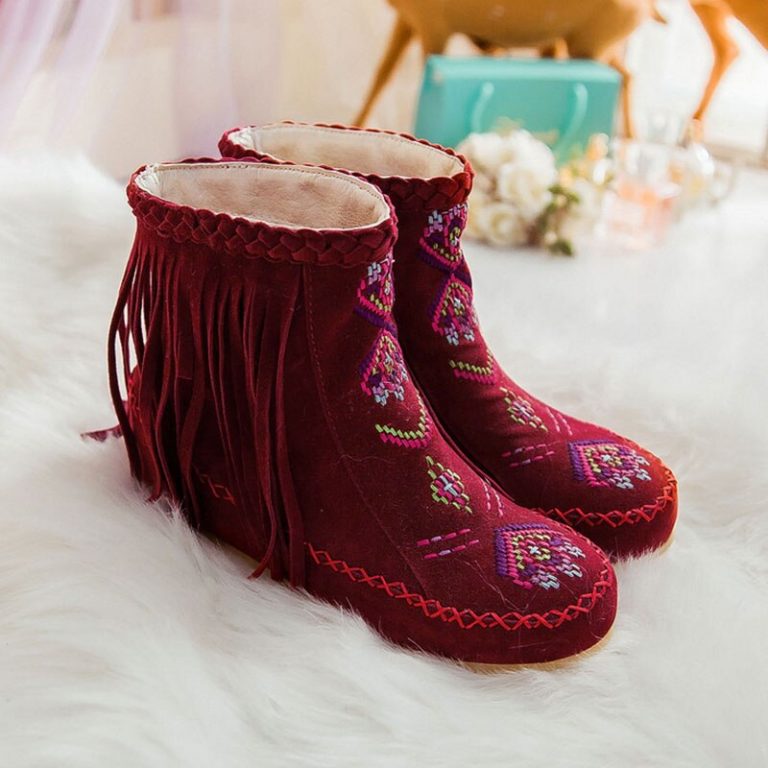 Memmyly Bottines Femme Style Bohème Franges - Ankle Boots Plates Confortables Avec Zipper, Semelle Souple